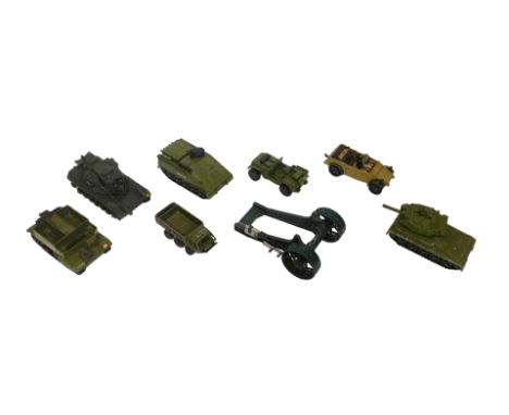 Dinky and Britains diecast military vehicles, including a Britains Kübelwagen, Dinky Toys Bren gun carrier, Dinky Toys Alvis 