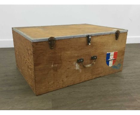VINTAGE PLYWOOD SHIPPING TRUNK, METAL BOUND with label France, Compagnie Generale Transatlantique French Line label31cm high,