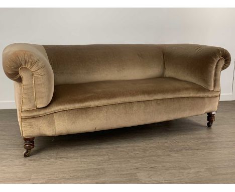 VICTORIAN CHESTERFIELD SOFA, upholstered in lightbrown velour, with turned oak legs on ceramic castors86cm high, 190cm wide