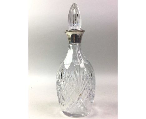 TWO CUT GLASS DECANTERS AND FIVE SHERRY GLASSES, one decanter with silver mounted neckdecanter 30cm high