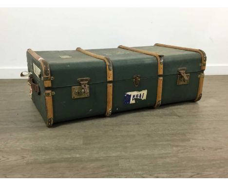 TWO TRAVEL TRUNKS, AND A PAIR OF WOODEN STEP LADDERS the trunks wood boundQty: 3
