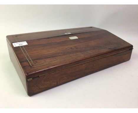 ROSEWOOD WRITING SLOPE, with brass string inlay and mother of pearl escutcheons46cm wide