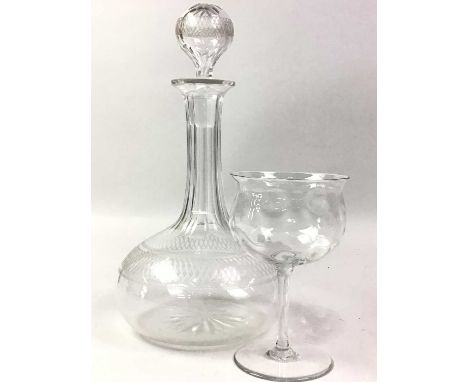 VICTORIAN GLASS DECANTER, AND THREE GLASSES  the glasss decaneter with stopper and etched decorationQty: 4