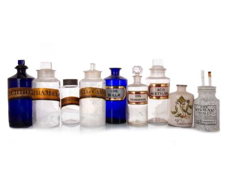 COLLECTION OF ANTIQUE PHARMACY BOTTLES,  AND MEDICAL/PHARMACY JARS AND ACCESSORIES including two Bristol blue bottles, numero