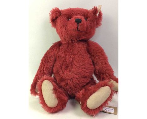 STEIFF 'GROANER' BEAR, LATE 20TH CENTURY in red plush, with moveable joints and glass eyes, button and label in ear40cm long