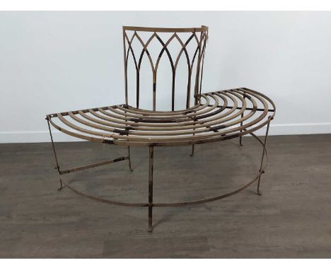 WROUGHT IRON GARDEN TREE BENCH, painted86cm high, 133cm wide
