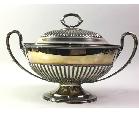 COLLECTION OF SILVER PLATE, comprising a soup tureen, tea and coffee service, and a caddy, also a Victorian silver plated sal