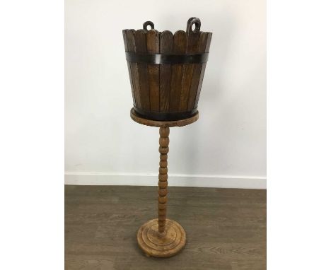 OAK STEEL BOUND PLANTER, ALONG WITH ANOTHER AND A PLANT STAND  the other brass bound with handlesQty: 3