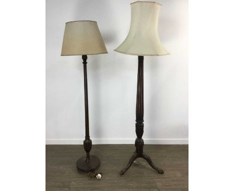 MAHOGANY STANDARD LAMP, AND ANOTHER  with fluted pillar and tripod supportsQty: 2