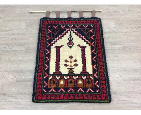 WOOLWORK WALL HANGING RUG, AND A WALL TAPESTRY the wall hanging rug decorated with Geometric designsrug 90cm x 68cmQty: 2