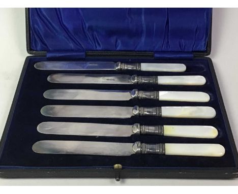 COLLECTION OF SILVER PLATED FLATWARE, including a set of six butter knives with mother of pearl handles, cased, and other fla