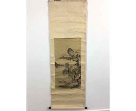 GROUP OF FOUR CHINESE SCROLLS, 20TH CENTURY one scroll depicting a chaffinch on a branch surrounded by fruit, another depicti