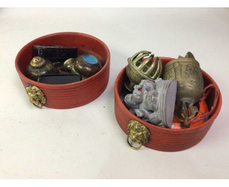 TWO SNUFF BOXES, AND OTHER ITEMS  the snuff boxes inlaid with mother of pearl 