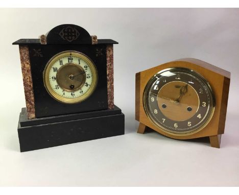 LATE VICTORIAN BLACK SLATE MANTEL CLOCK, AND ANOTHER CLOCK the slate clock with marble detailing, along with a Smiths Enfield