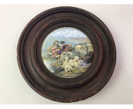 COLLECTION OF PRATTWARE POT LIDS, decorated with various scenes, five framed18cm diameter