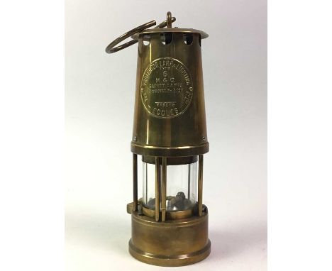 BRASS MINER'S LAMP, TYPE 6 ECCLES, ALONG WITH A PAIR OF BINOCULARS, AND FURTHER ITEMS including a bell, cast bull and matador