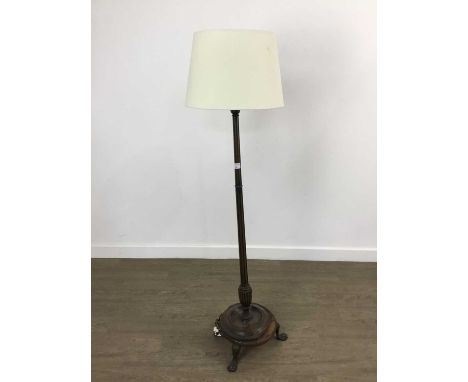 MAHOGANY FLOOR LAMP, with shade and on tripod base 128cm high