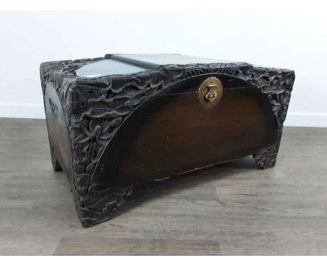 CHINESE BLANKET CHEST, AND A CHINESE NEST OF TWO TABLES the chest carved with flowers on bracket feetchest 89.5cm wideQty: 3