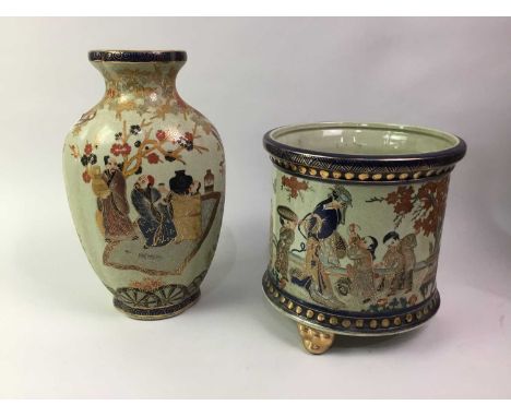 JAPANESE STONEWARE CYLINDRICAL STICK STAND/UMBRELLA SPILL, ALONG WITH A VASE AND PLANTER  each decorated with figures in gard