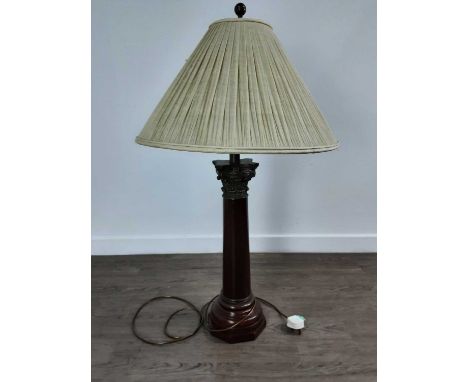 MODERN HARDWOOD COLUMN TABLE LAMP, with brass leaf top, with cream shade98cm high