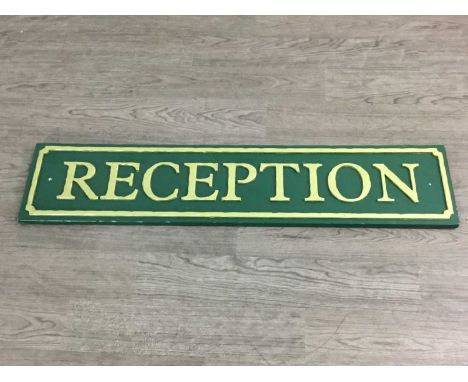 PAINTED RESIN RECEPTION SIGN, ALONG WITH A DUFF GORDON COOPERED DECANTER BARRELL inscribed 'Timpano Cream'the signed 89.5cm w