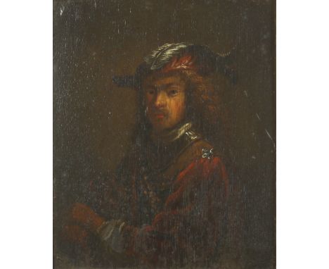 Follower of Leonard BRAMER (1596-1674)Half length portrait of a soldier with plumed hatOil on oak panelCarved wood frame18.5 