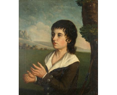 Provincial follower of Joshua REYNOLDS (1723-1792)Portrait of a boy standing in a coastal landscape, leaning against the tree