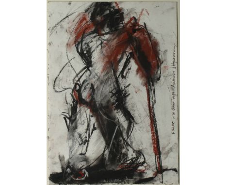 Adrian HEMMINGFigure with StaffMixed mediaSigned, inscribed and dated 198935 x 25cmTogether with a silkscreen by Saleem ARIF 