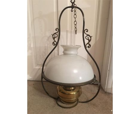 Brass 19th c hanging lantern with milk glass shade a/f