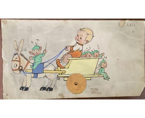 Original watercolour sketch for Shelley Pottery "Nursery Series" by Mabel Lucie Attwell 15 x 27.5 as illustrated in Shelley P