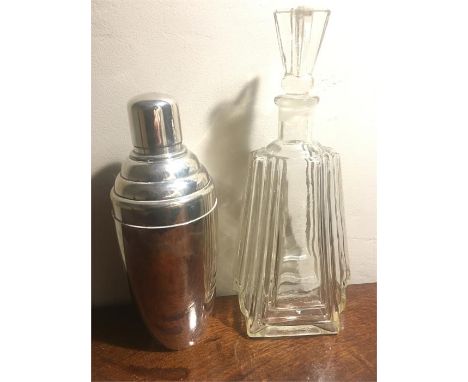 Art Deco glass decanter and chrome cocktail shaker