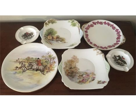 Shelley cake plates Vine, Old Mill and Leather with 1 hunting pattern plate and 2 ashtrays