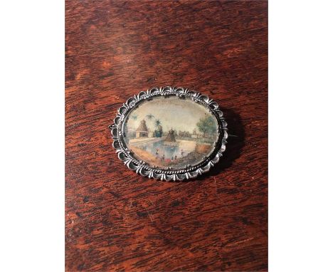 Anglo-Indian 19th c brooch with landscape on ivory