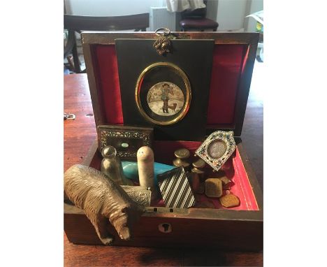 Small rosewood box and interesting contents Inc. weights, snuff box, miniature on ivory a/f