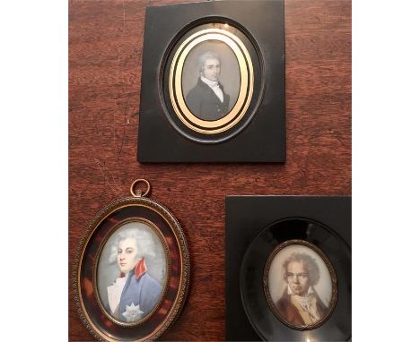 Three portrait miniatures on ivory 2 after Reynolds and 1 inscribed by W Wood