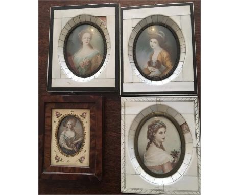 Four 19th c miniatures on ivory of distinguished ladies in decorative frames