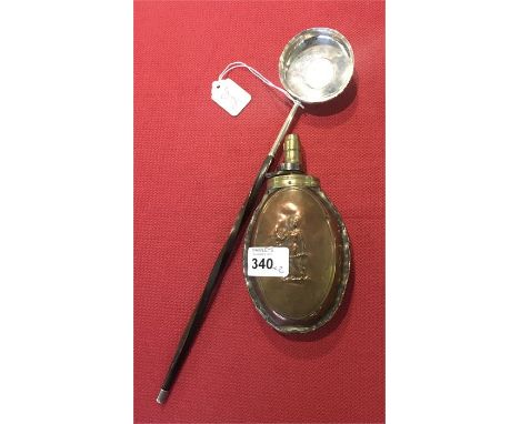 Baleen handle silver toddy ladle with George II silver coin and nice copper powder flask