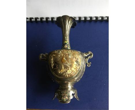 Good quality Japanese Meiji silver, enamel and inlaid vase squashed and damaged