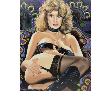 David Kettley (British Contemporary): Erotica Portrait of a 1980s Dominatrix in a Psychedelic Background, oil on canvas signe