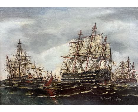 J Middleton (British 19th century): 'Saluting HMS Victory off Spithead Dec 1805', oil on panel signed, inscribed verso 26cm x