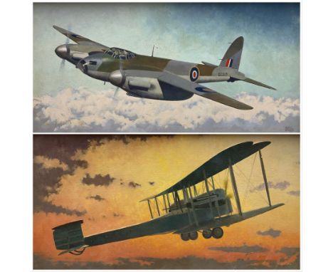 Harry Hudson Rodmell (British 1896-1984): 'De Havilland Mosquito' and 'Vickers Vimy' - aviation plane portrait, pair oils on 
