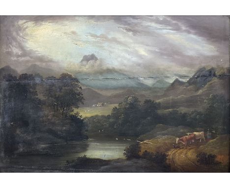 English School (19th century): Cattle in a River Mountainous Landscape, oil on panel unsigned 38cm x 55cm