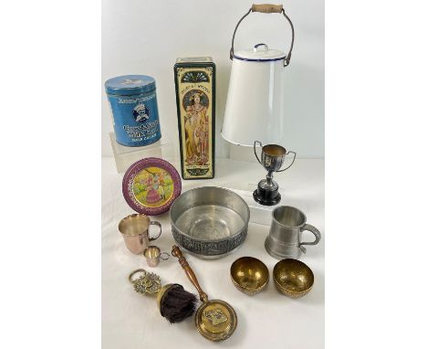 A box of assorted vintage metalware items to include enamel lidded caddy with swing handle, vintage tins, Norwegian pewter bo