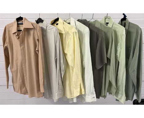 A collection of 8 men's vintage shirts in neutral shades to include pale yellow and greens. Examples include Petroleum, Van H
