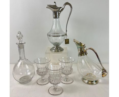 3 vintage glass decanters together with 3 large glass rummers. Silver plate &amp; glass duck wine decanter, Wit &amp; Wine gl