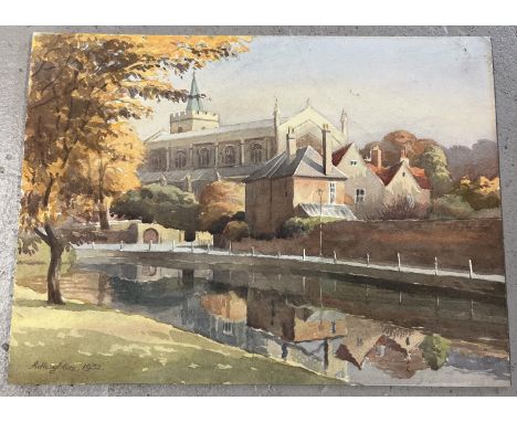 An unframed vintage watercolour on board of a church by a riverside by A. Houghton 1952. Signed to bottom left. Approx. 27 x 