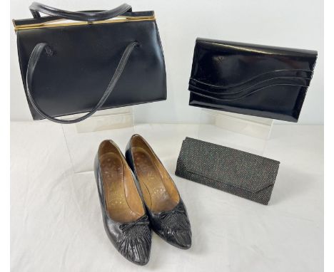 3 vintage handbags together with a pair of 1960's 'K' leather shoes. Bags to include a black leather Ackery, London suede lin