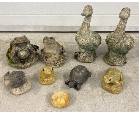 A collection of assorted vintage concrete and resin garden ornaments. To include 2 concrete frogs, 2 resin ducks and a tortoi