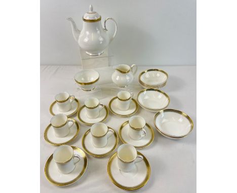 A quantity of Royal Doulton Georgian shape tea ware in classic 'Clarendon' pattern, with gilt detail. Comprising: coffee pot,