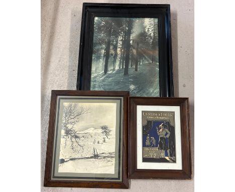 3 vintage framed and glazed pictures &amp; photographs. 2 photographic snowy wooded scenes together with a University College